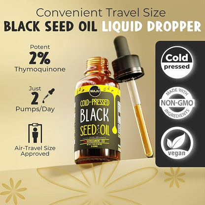 Maju Superfoods Black Seed Oil - 3 Times TQ, Cold-Pressed, Travel Size, 100% Turkish Black Cumin Seed Oil, Liquid Pure Blackseed, Glass Bottle, 2 Oz
