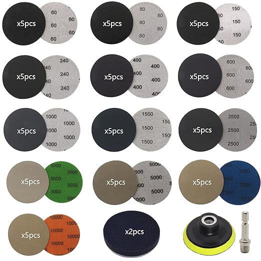 65pcs Sandpaper 3Inch Sanding Disc 60-10000 Grit Wet Dry Sandpaper with M10 Backing Pad,2pcs Interface Pad for Wood Metal Mirror Jewelry Car Polishing Headlight Cleaner Set