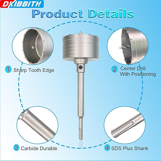 6-5/16" Concrete Hole Saw, 160mm Tungsten Steel Core Bit for Cinder Block, Brick, Rock, Plank Walls for Pipes or mini Split Lines, with SDS Plus Shank and 2 Center Positioning Drill Bits.