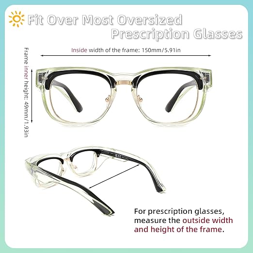 Alsenor Safety Glasses Anti Fog Goggles Fit Over Prescription Eyewear For ANSI Z87.1 Certified Oversized Eyeglasses For Men Women (Oversized-Jade)