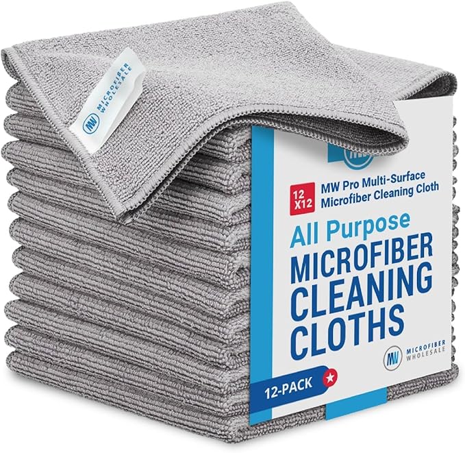 MW PRO Premium Microfiber Cleaning Cloths (12 Pack, 12x12, Grey) - Streak Free Stainless Steel & Glass Towels - Ultra Soft Cleaning Cloths for Screens, Granite & Modern Home - Washable & Reusable