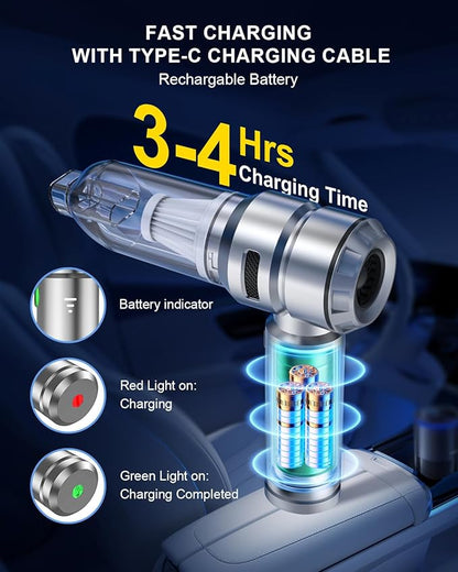 VNOST Car Vacuum,3 Suction Modes,Portable Mini Cordless Cleaner with 21000pa Suction Power,Type-C Charge,Handheld Vacuum for Home,Car, Office Desk, Keyboards(Fantasy Silver)