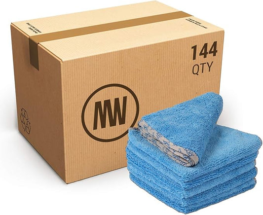 Detail Microfiber Car Towels Bulk (16" x 16") | 400 GSM | 80/20 Blend | Tagless | Soft Satin Piped Edges | All-Purpose Auto Detailing - Wax, Buff, Polish, Wash, Dry | Case of 144 (Blue)