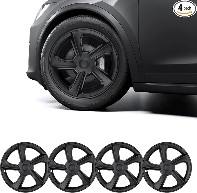 SHINELINERS 4PCS Wheel Covers for Tesla Model Y Juniper 2025-2026, 19 Inch Spiral Aero Design Hubcaps, Black, Easy Clip-On Installation