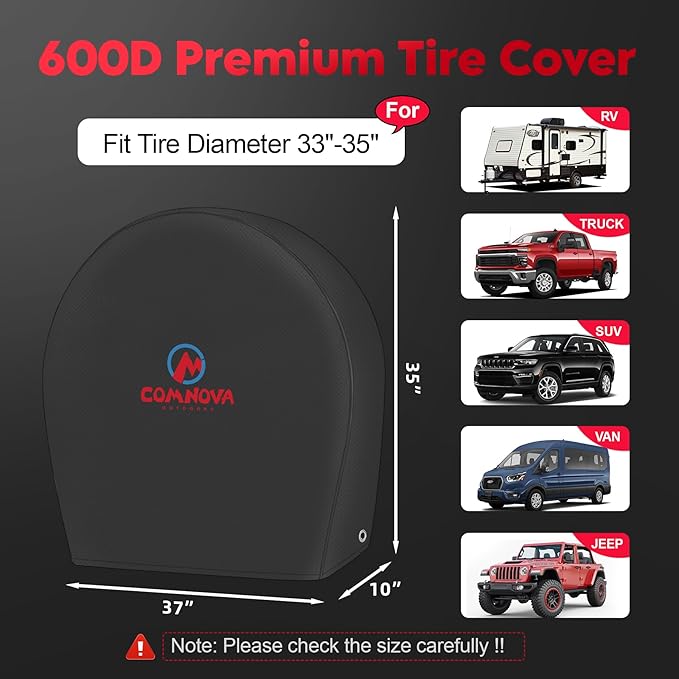 Comnova RV Tire Covers 2 Pack - 600D Tough Tire Wheel Cover Protector for RV, Truck, SUV, Trailer, Camper, Boat and Van, Heavy Duty & Waterproof Tire Cover, Fits Tire Diameters 33-35 Inch