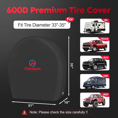 Comnova RV Tire Covers 4 Pack - 600D Tough Tire Wheel Cover Protector for RV, Truck, SUV, Trailer, Camper, Boat and Van, Heavy Duty & Waterproof Tire Cover, Fits Tire Diameters 33-35 Inch