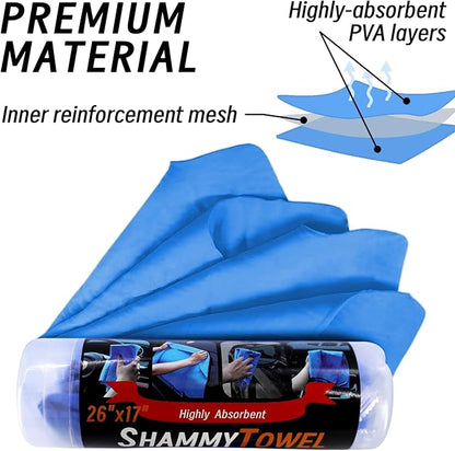 Premium Shammy Cloth for Car Drying - 2 Pack (26”x17”) - Super Absorbent Synthetic Chamois Bathroom,Pets, Dust Remove,- Reusable Non-Scratch Vehicle Dry Towel (Yellow & Blue)