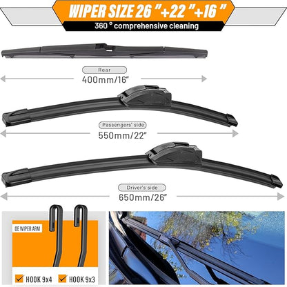 AUTOBOO 26"+22" Windshield Wipers with 16" Rear Wiper Blade Replacement for 2010 2011 2012 2013 2014 2015 Lexus RX450h RX350-Original Factory Quality (Pack of 3)