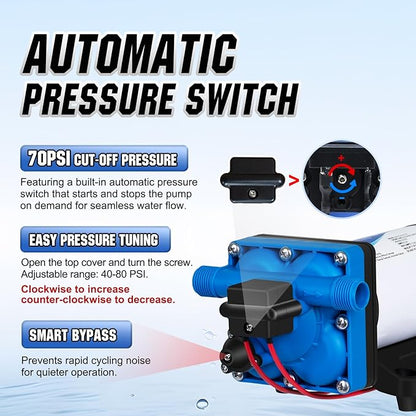 DC HOUSE 4-Chamber RV Water Pump 12V, 5.5GPM 70PSI High Pressure, Quiet Fresh Water Diaphragm Pump with On Demand Pressure Switch for Camper, Travel Trailer & Off-Grid Cabin