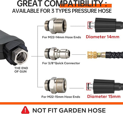 Pressure Washer Gun with Swivel, with Replacement Wand Extension, with M22 14mm & 15mm Fitting, 3/8" Quick Connect Plug, 5 Nozzle Tips with Nozzle Holder, 5000PSI, 41 Inch, Stainless Steel