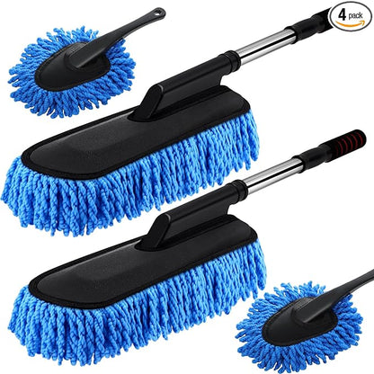 Tanlade 4 Pack Microfiber Car Duster Exterior Scratch Free with Extendable Handle Auto Duster Exterior Cleaning Tools for Car Brush for Truck Bike Rv Boats Motorcycle (Blue)