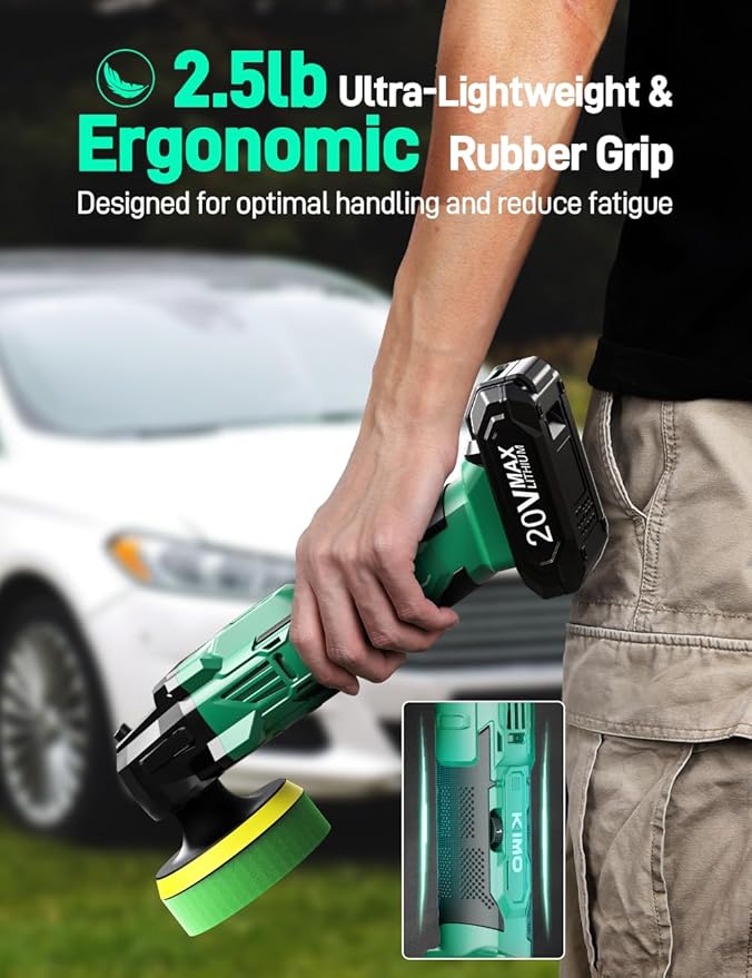 KIMO 20V Cordless Car Buffer Polisher Kit, 25Pcs Polishing Kit, 6 Speeds to 6000RPM / 2*2000mAh Batteries Cordless Polishers, Buffer Polisher for Car Detailing, Scratch Removing, Boat Sanding & Waxing