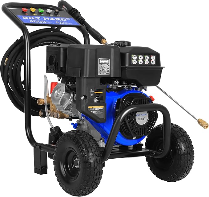 BILT HARD 4000 PSI 4.0 GPM GAS Pressure Washer, 302cc Engine, Gas Power Washer with Triplex Pump, Spray Gun and Wand, Built-In Soap Tank, 5 QC Nozzle Tips, 50 Ft Hose with 3/8" Quick Connect, 49-State