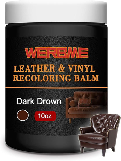 WERBME Leather Recoloring Balm & Color Restorer - 10OZ Multipurpose Dye & Paint for Faded Leather Couches, Car Seats, Shoes | Fix Scratches on Clothing, Furniture & Accessories(Dark Brown)