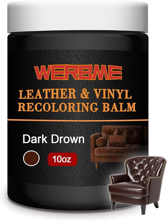 WERBME Leather Recoloring Balm & Color Restorer - 10OZ Multipurpose Dye & Paint for Faded Leather Couches, Car Seats, Shoes | Fix Scratches on Clothing, Furniture & Accessories(Dark Brown)
