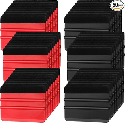 Lasnten 50 Pcs Plastic Vinyl Squeegee 4 Inch Felt Edge Squeegee for Car Window Windshield Glass Cleaning Tool Vinyl Scraper Decal Applicator Tool with Black Fabric Felt Edge (Red, Black)