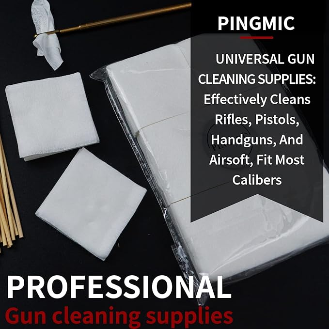 PINGMIC Gun Cleaning Supplies - Gun Cleaning Patches and Long Cotton Swabs Set, 6" Cotton Swabs, Lint Free Cloth Fit Most Caliber Firearms