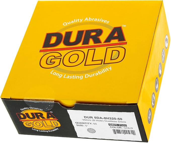 Dura-Gold Premium 320 Grit 5" Sandpaper Discs, 8 Hole Pattern Dustless, 50 Discs - Hook & Loop Backing for Orbital DA Sander, Detailing Finishing Color Sanding Automotive Paint Woodworking