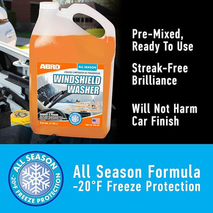 ABRO Car Windshield Washer Fluid: 1 Gallon, All Season/Weather Vehicle Window Cleaner | Streak-Free Clean | Bug and Tar Remover for Cars