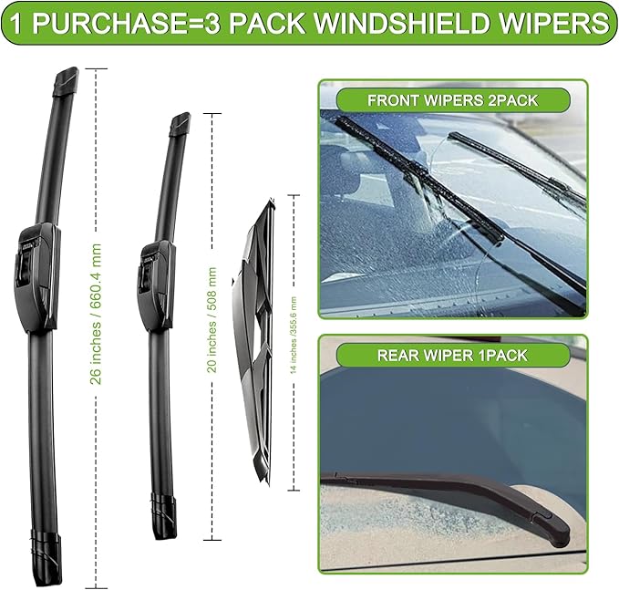 PARRATI® Windshield Wipers for Ford Edge 2007-2014,26"+20" Front and 14" Rear,OEM Replacement Wiper Blades,Quiet & Streak-Free(Set of 3)