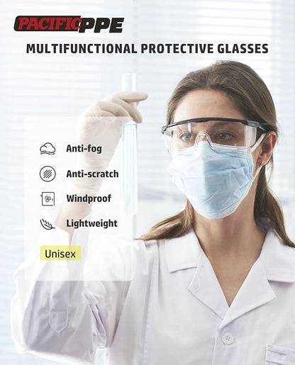 PACIFIC PPE 2 Pack Safety Glasses for Men and Women, ANSI Z87 Anti-fog Eyewear with Scratch Resistant Clear Wraparound Lenses, Adjustable Lab Goggles, UV Protection