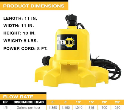 WAYNE - WaterBUG 1/6 HP 1350 GPH Submersible Pump with Multi-Flo Technology - Water Removal and Transfer Pump, Yellow