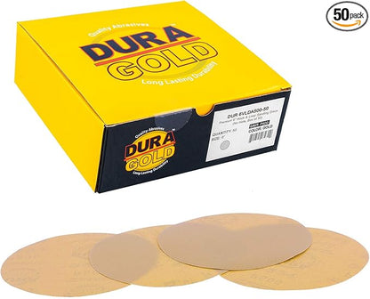 Dura-Gold Premium 500 Grit 6" Gold Sandpaper Discs, No Hole Pattern Dustless, Box of 50, Hook & Loop Backing for DA Sander, Finishing Coarse Sanding Abrasive Automotive Paint, Woodworking Wood, Metal