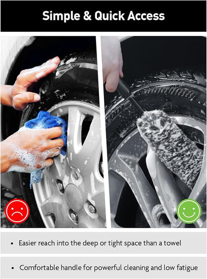 Fantasticlean 6PCS Car Wheel Cleaning Pro Kit, Tire Brush, Soft-bristled Rim Brush, Microfiber Bendable Brush, Double-Ended Detailing Brush, and Detailing Pads, Scratch-Free & Multipurpose