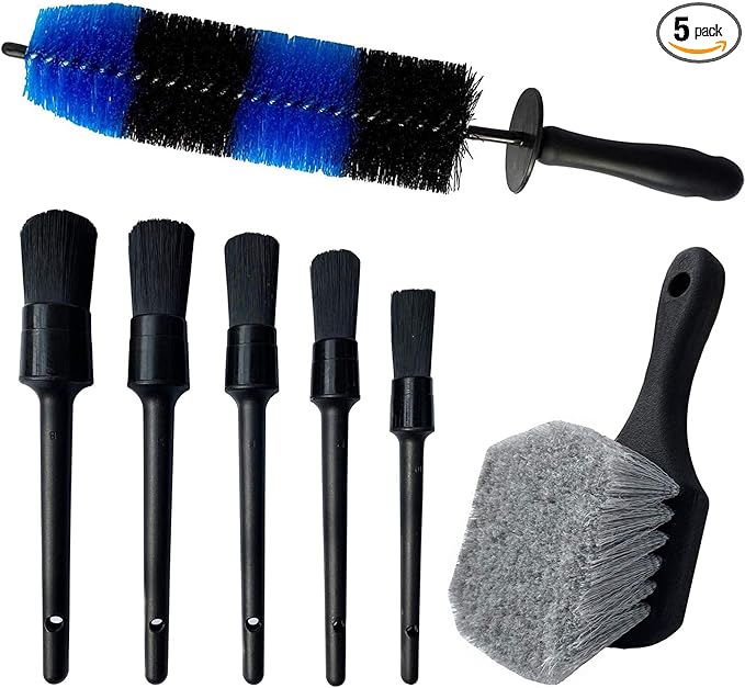 7Pcs Wheel & Tire Brush, Car Detailing Kit, 17inch Long Soft Wheel Brush, 5 Detail Car Wash Kit for Cleans Dirty Tires & Releases Dirt and Road Grime, Short Handle
