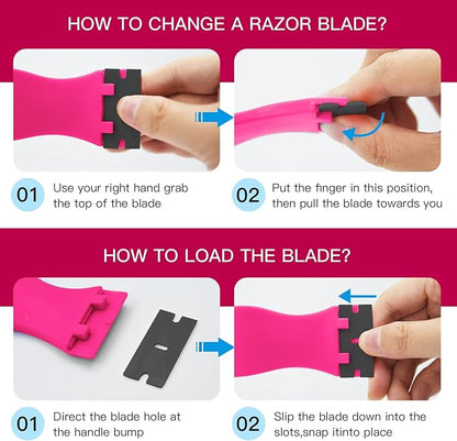 DEKEones Plastic Razor Blade Scraper, 2 Pack Razor Scraper with 100 Pcs Razor Blades for Removing Glue, Sticker, Decals, Tint from Car Window and Glass(Pink)