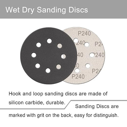 100 Pcs 5 Inch Sanding Discs Hook & Loop 8 Holes Wet Dry 240 Grit Sandpaper Silicon Carbide Sand Paper for Orbital Sander Automotive Wood Plastic Metal Polishing (100Pcs 240 Grit)