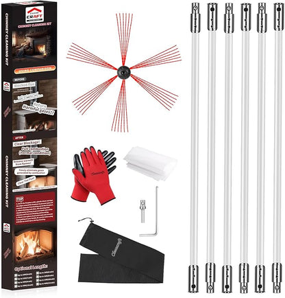 Cleancraft 20 Feet Chimney Sweep Kit, Chimney Cleaning Kit with 6 Flexible White Chimney Rods, Rotary Chimney Cleaning System Driven by Drill for Sweeping Fireplace, Chimney Cleaners with Strong Brush