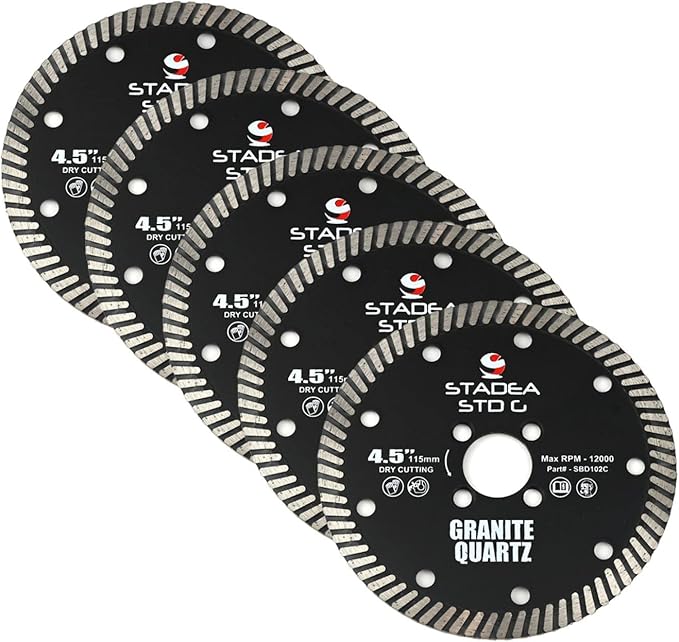 Stadea SBD112C Diamond Saw Blade 4.5-Inch Continuous Turbo Dry Cutting - Cuts Granite Quartz Quartzite, Fits Grinder, Saw Cutter, 8 MM Segments - Pack of 5