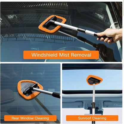 Qydipclin 10pcs Windshield Cleaning Tool Inside Car Window Cleaner Wash Kit with 4 Reusable Microfiber Pads 1 Spray Bottle and Extendable Handle Interior Auto Glass Wiper Kit, Orange