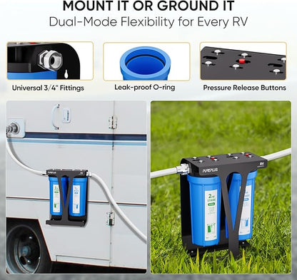 PUREPLUS RV Dual Stage Water Filter System with Two Cartridges and Mounting Bracket, NSF/ANSI 42 Certified, Reduces Sediment, Chlorine, Odors and More, Stainless Steel 3/4" Fittings