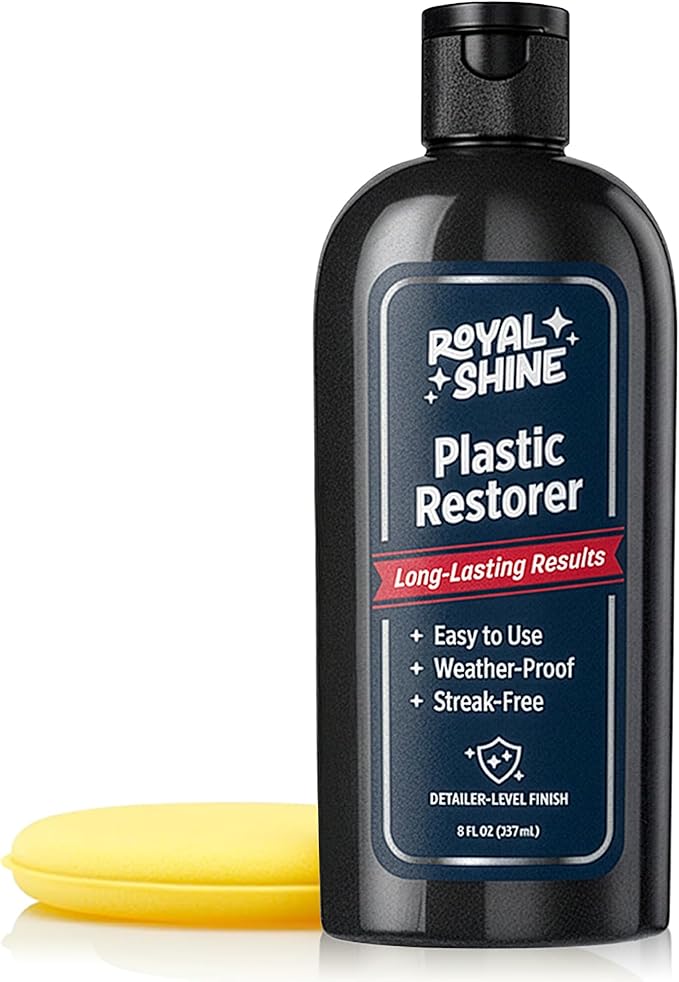 ROYAL SHINE Plastic Restorer for Long-Lasting, Deep Black Results – Restores Faded Plastic, Rubber & Vinyl with UV Protection, Non-Greasy Formula + Foam Applicator, 8oz