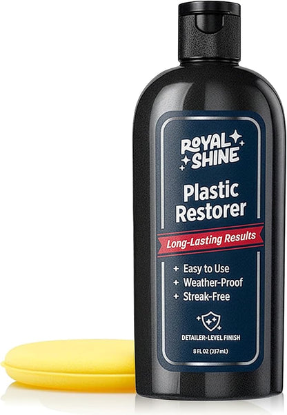 ROYAL SHINE Plastic Restorer for Long-Lasting, Deep Black Results – Restores Faded Plastic, Rubber & Vinyl with UV Protection, Non-Greasy Formula + Foam Applicator, 8oz
