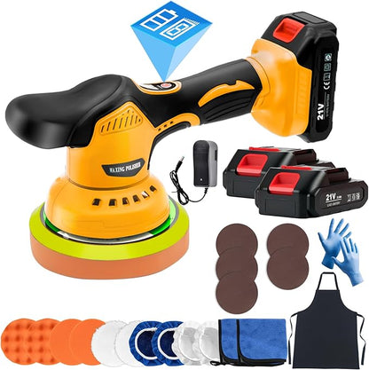 Cordless Car Polisher Kit for Waxing & Scratch Removal, Beginner-Friendly 6-Inch Car Buffer with 2×21V Batteries, 8-Speed 2800–6000 RPM, 21-Piece Detailing Set