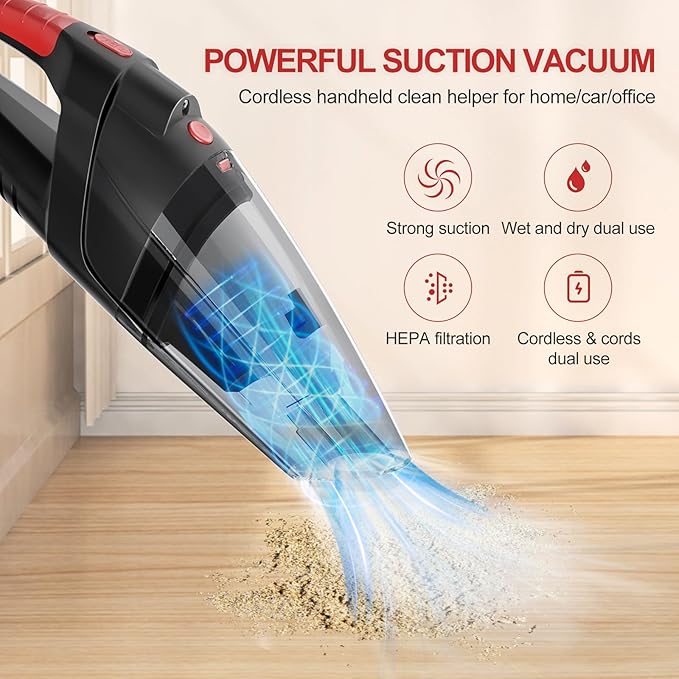 Tradetop Handheld Vacuum Cleaner, Cordless Vacuum Cleaner, 6.5KPA Super Powerful Suction Cleaner, Rechargeable Portable Hand Vacuum,with LED, HEPA Filter, for Home & Pet Hair (Black)