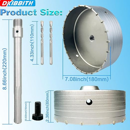 7-3/32" Concrete Hole Saw, 180mm Tungsten Steel Core Bit for Cinder Block, Brick, Rock, Plank Walls for Pipes or mini Split Lines, with SDS Max Shank and 2 Center Positioning Drill Bits.