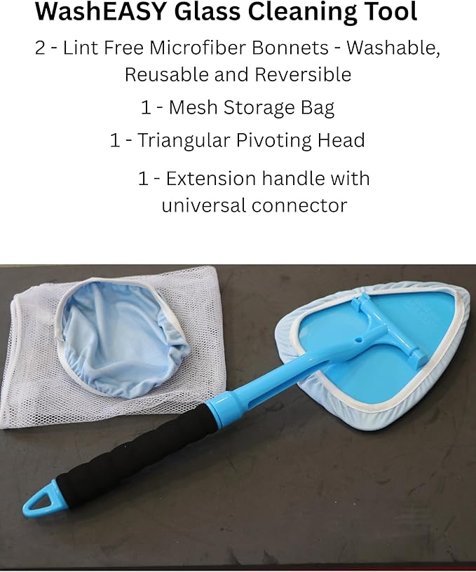 Pro Glass Windshield Cleaner Tool, Kit - Extendable 20" Handle, Pivoting Head, Detailing Autos with 2 Reusable Lint Free Microfibers, Storage Bag for Auto Windshield, Cars, Trucks, RV's