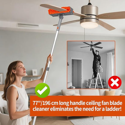 Ceiling Fan Cleaner Duster with 72‘’ Extendable Long Handle Cleaning Duster Kit, Reusable Chenille & Microfiber Mop Head for High Ceiling Fan Blade Wall Blinds Cobweb