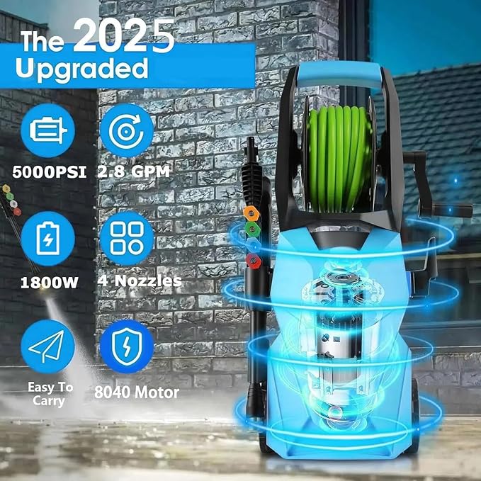 Pressure Washer 5000 PSI,2.8 GPM Power Washer with Foam Cannon,Portable Cleaner with 33ft Hose Reel,4 Nozzle Tips,and Soap Bottle for Cars/Home/Driveways/Patios/Decks/Fences(Light Green)