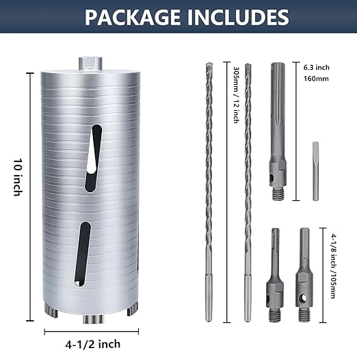 4-1/2 inch Diamond Dry Core Drill Bit, 10" Drilling Depth, 5/8"-11 Thread Core Drill Bit for Concrete Masonry Brick Block, Includes 3 Adapters SDS Plus, SDS Max and Hex (4-1/2 inch)