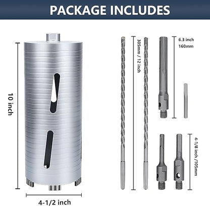 4-1/2 inch Diamond Dry Core Drill Bit, 10" Drilling Depth, 5/8"-11 Thread Core Drill Bit for Concrete Masonry Brick Block, Includes 3 Adapters SDS Plus, SDS Max and Hex (4-1/2 inch)