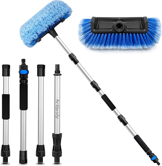 72" Car Wash Brush with Long Handle, Flow-Thru Soft Bristle Car Washing Brush with Extendable Handle and Hose Attachment and On/Off Switch for Car, RV, SUV, Truck, Boat, House Siding（Blue）