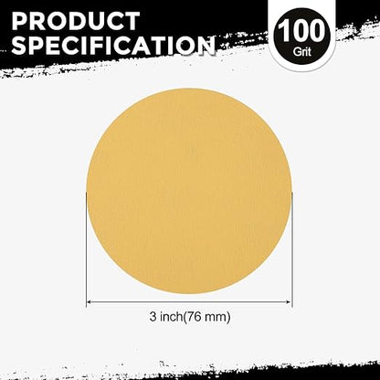 Kozelo 50 Pcs Sanding Discs 3 Inch 100 Grit Hook and Loop Random Orbital Sandpapers Suitable for Drywall Sander Wood Metal Furniture, Yellow