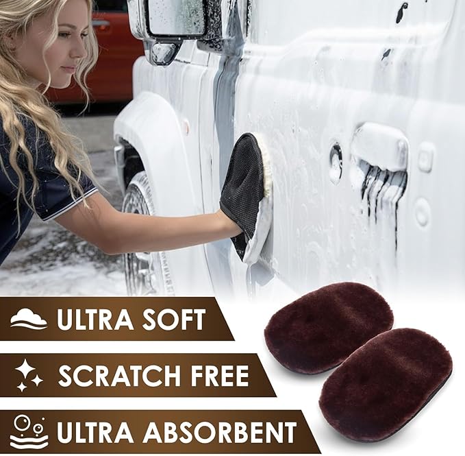 Car Wash Mitt - Ultra-Soft Mutton Glove for Car Wash Kit - Gentle, Scratch-Free Cleaning for Safe Car Detailing & Paint Protection | Car Accessories | White | 2PCS - Japan Import
