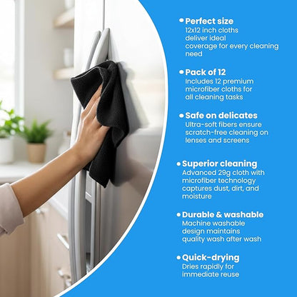 Microfiber Cleaning Cloth Black 12 Pack Premium Microfiber Towels for Cars, Lint Free, Scratch-Free, Highly Absorbent, Reusable Cleaning Rags for Car, 320 GSM Household, Kitchen, Window, 12" x 12"