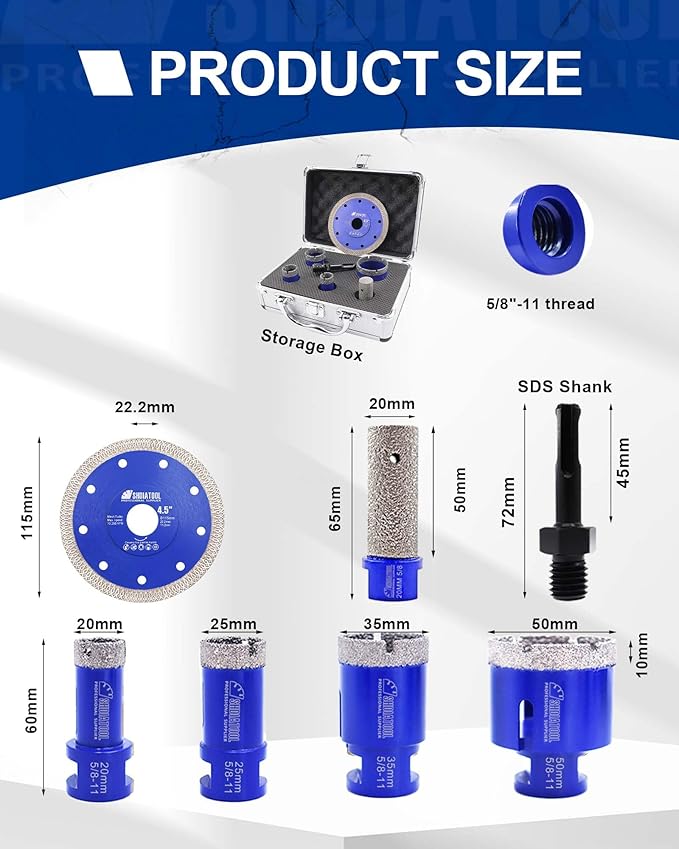 SHDIATOOL Diamond Drill Core Bits Set Milling Bits for Porcelain Hole Saw Cutter for Tile Marble Ceramic Granite Saw Blade Kit 5/8-inch-11 6pieces